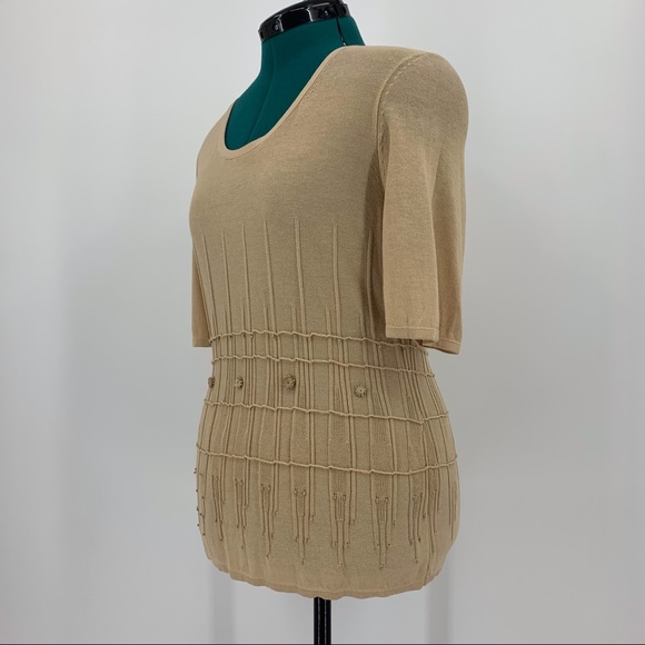 Betty Barclay Lightweight Short Sleeve Tan Sweater with Bead Accents, Small - Picture 8 of 16